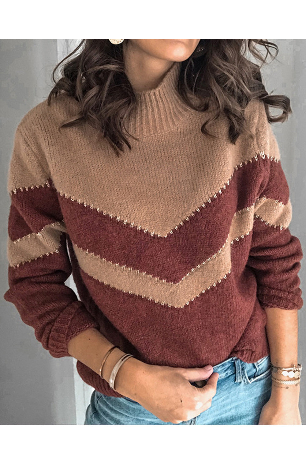 Women Convenient Stretchable Long Sleeve Cozy Contrast Colored Sweater