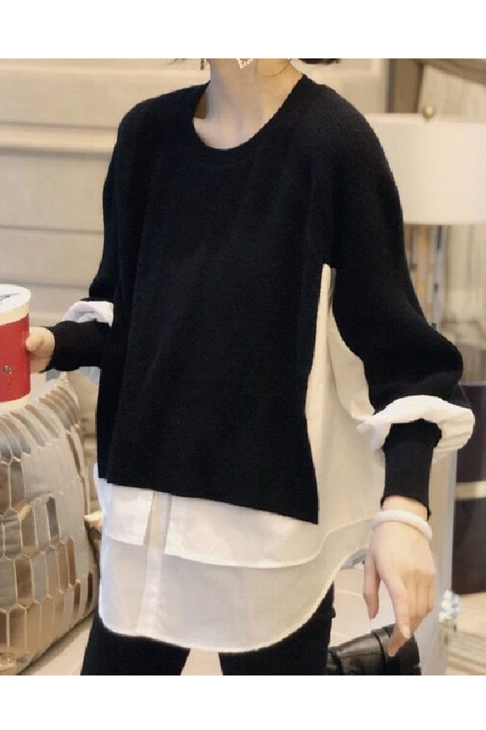 Women Stylish Contrast Color Round Neck Warm Winter Sweater