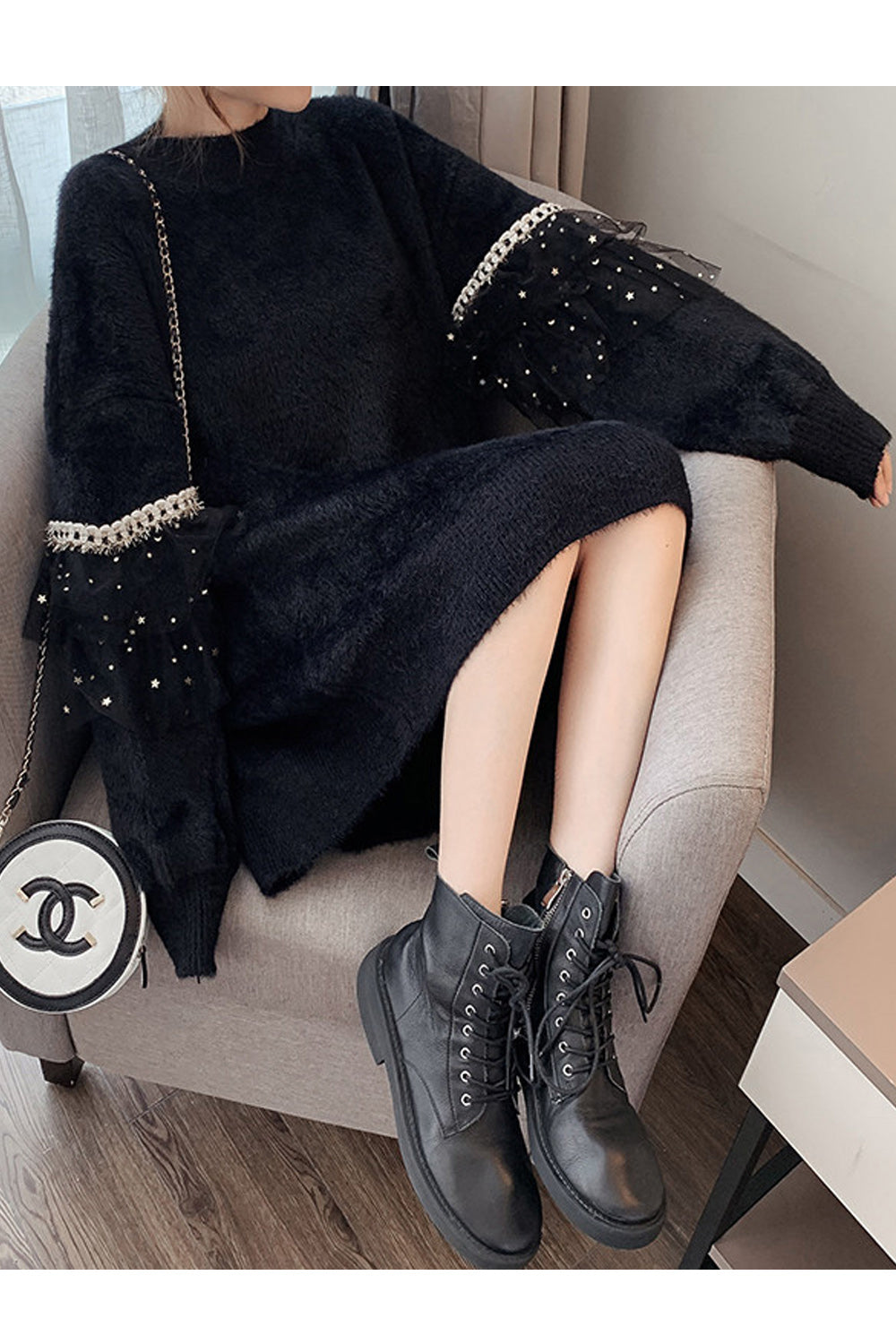 Women Soft Solid Color Long Mesh Decorated Sleeve Warm Sweater
