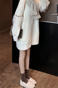 Women Soft Solid Color Long Mesh Decorated Sleeve Warm Sweater