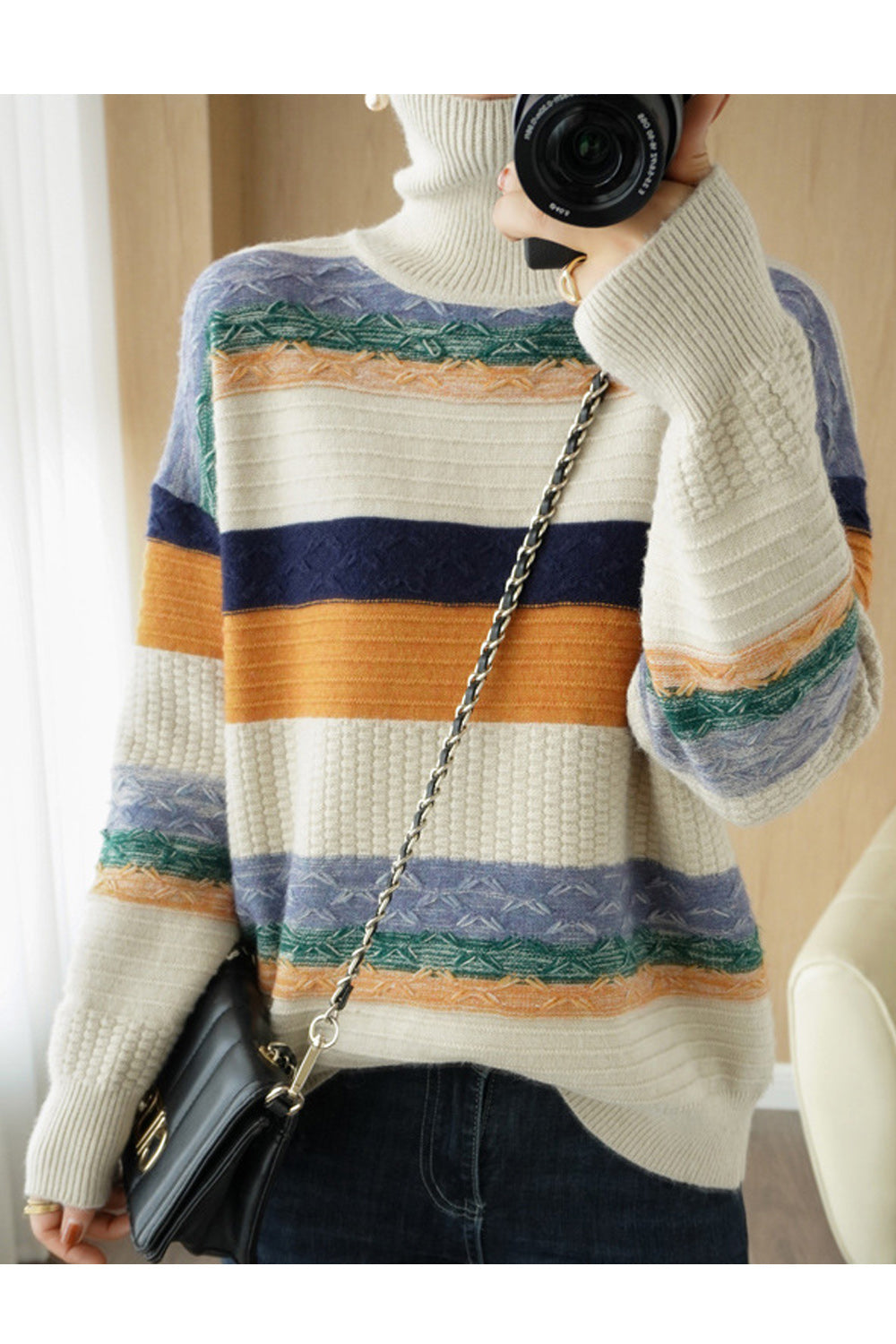 Women Breathable Loose Style Striped Pattern High Neck Sweater