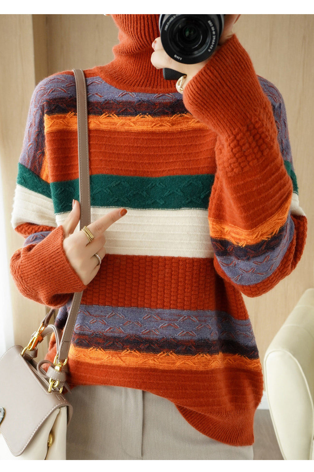 Women Breathable Loose Style Striped Pattern High Neck Sweater
