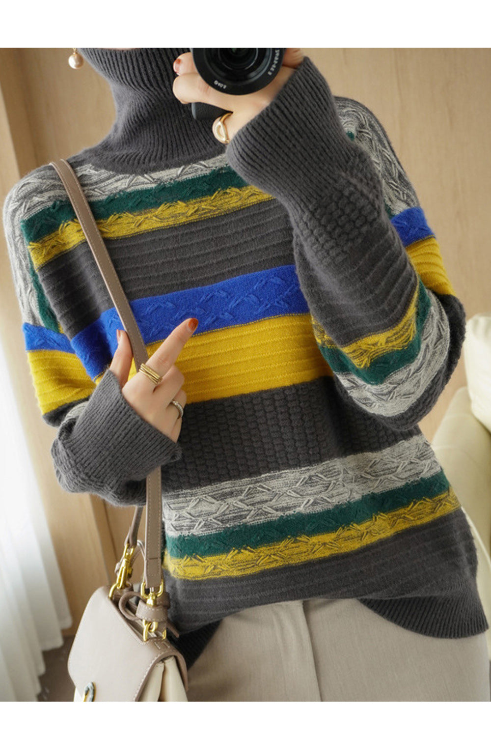 Women Breathable Loose Style Striped Pattern High Neck Sweater