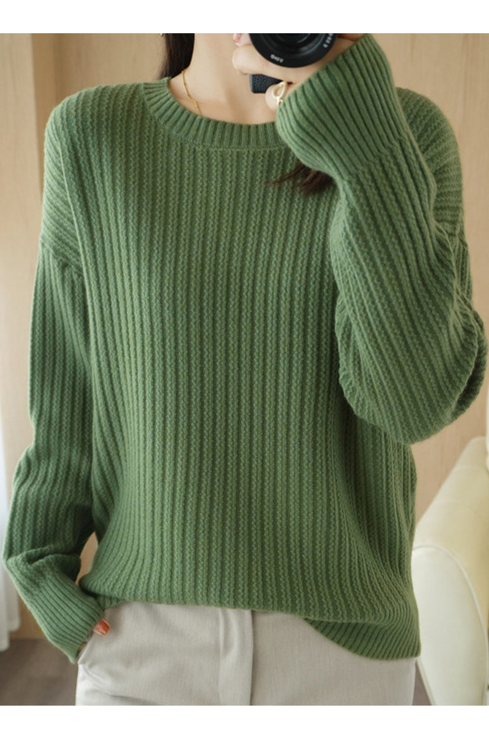 Women Comfortable Round Neck Solid Striped Pattern Sweater