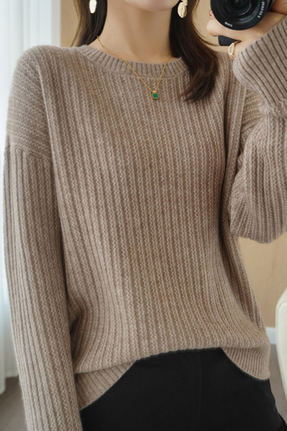 Women Comfortable Round Neck Solid Striped Pattern Sweater