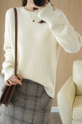 Women Comfortable Round Neck Solid Striped Pattern Sweater