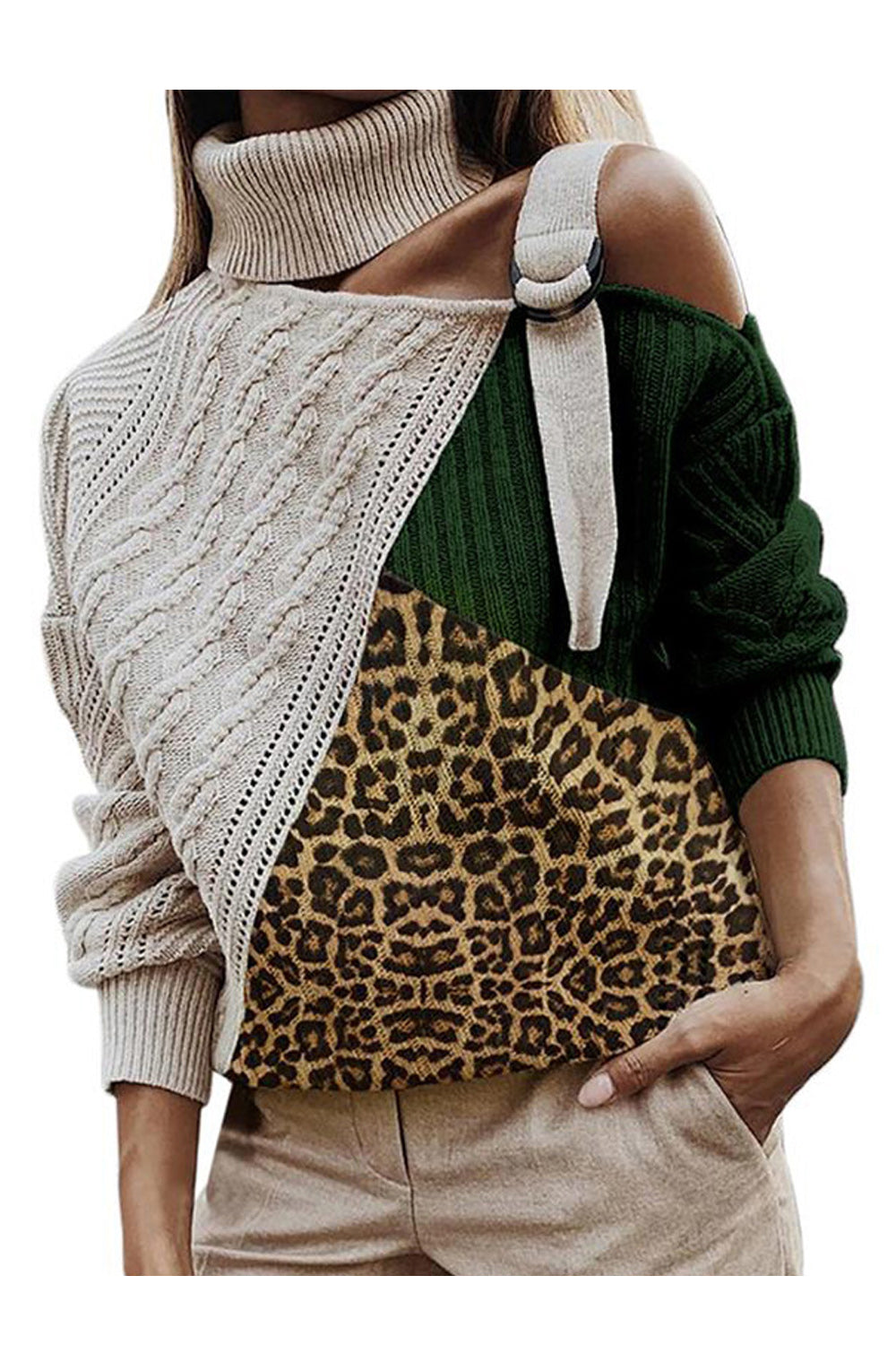 Women Fashionable Leaopard Contrast Style Warm Sweater