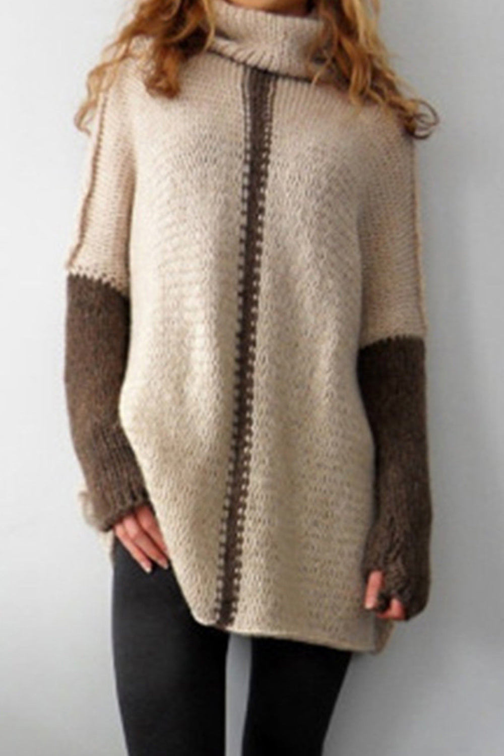 Women High Neck Stylish Long Length Sleeve Contrast Colored Warm Sweater
