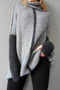 Women High Neck Stylish Long Length Sleeve Contrast Colored Warm Sweater