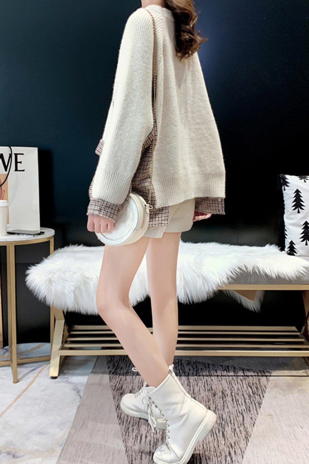 Women Contrast Color Loose Fit Round Neck Warm Sweater