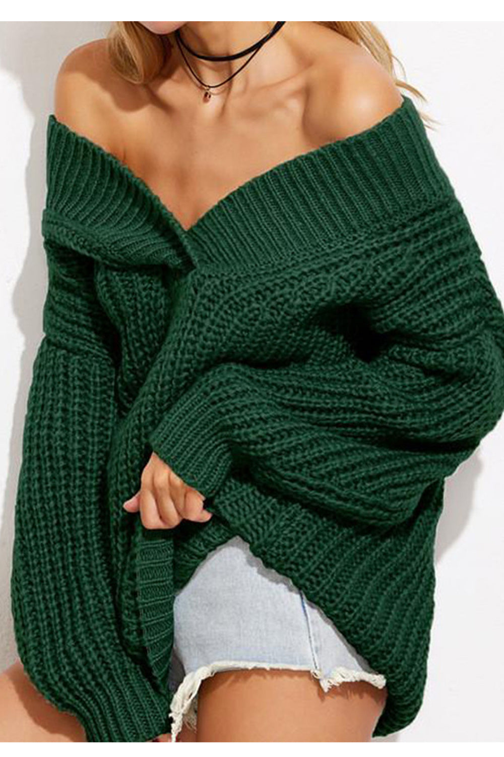 Women Stylish Off Shoulder Solid Color Warm Sweater