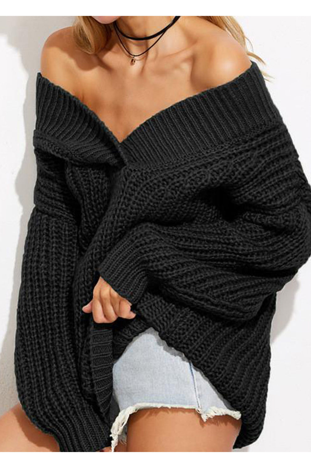 Women Stylish Off Shoulder Solid Color Warm Sweater