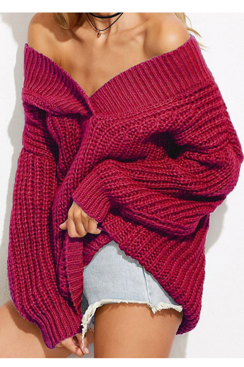 Women Stylish Off Shoulder Solid Color Warm Sweater