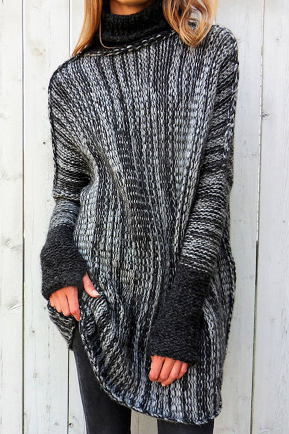 Women Stretchable High Neck Sleeve Contrast Colored Sweater