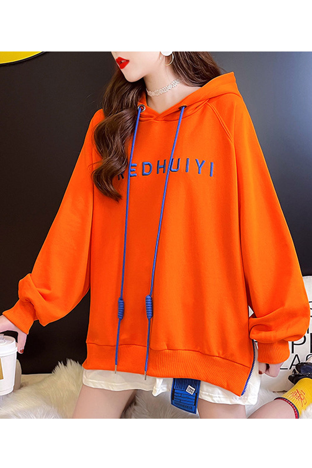 Women Unique Letter Embroidery Ribbed Cuffs Drawstring Winter Hoodie