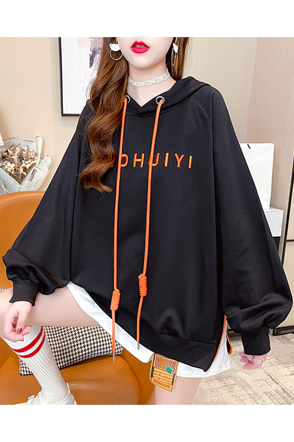 Women Unique Letter Embroidery Ribbed Cuffs Drawstring Winter Hoodie