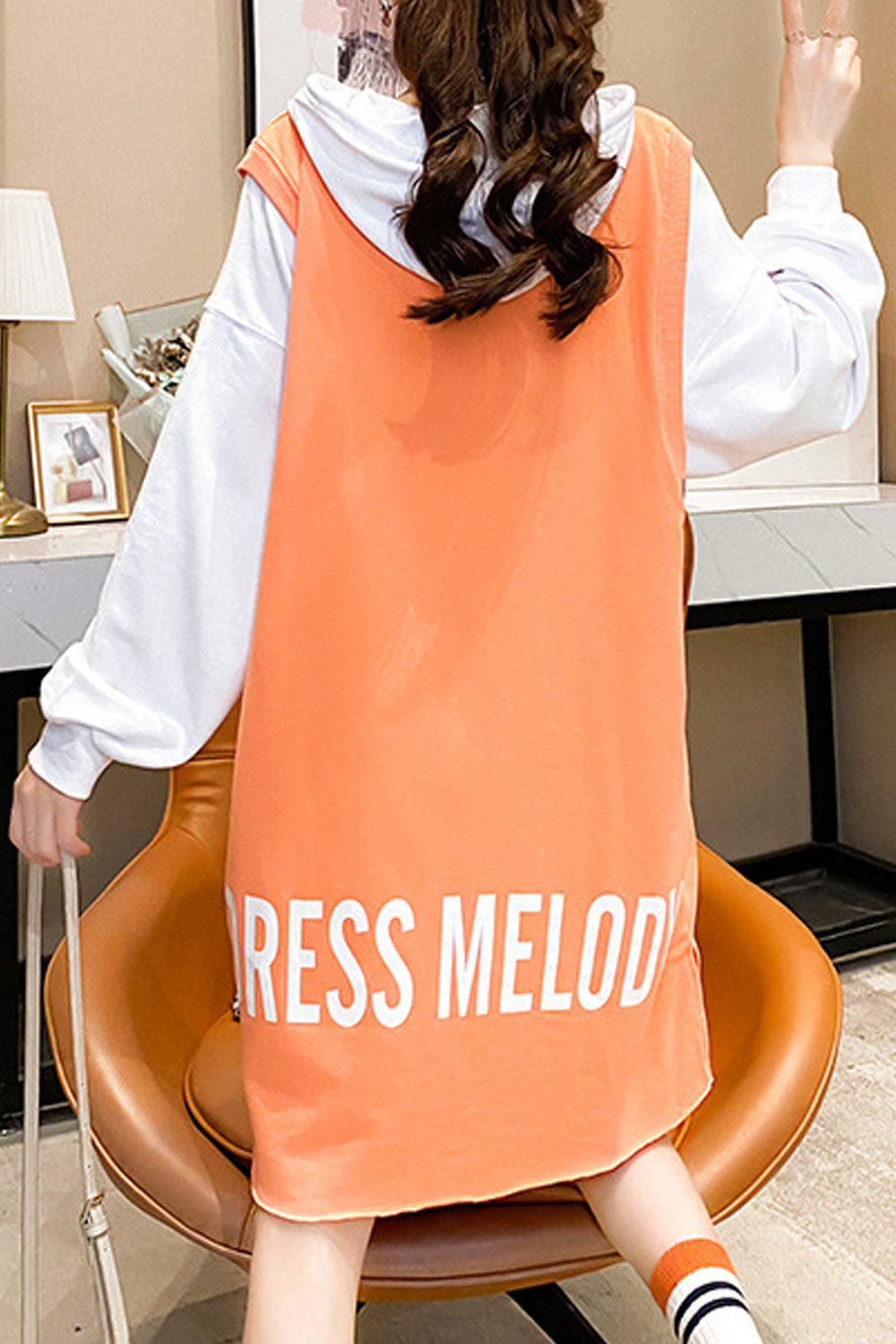 Women Contrast Color Letter Printed Long Length Hoodie