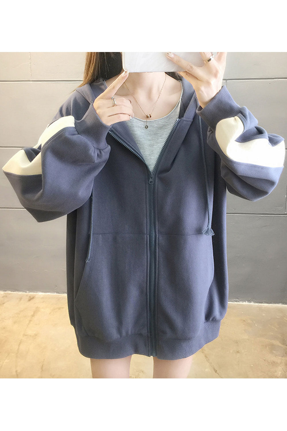 Women Zipper Closure Hooded Neck Striped Pattern Sleeve Hoodie