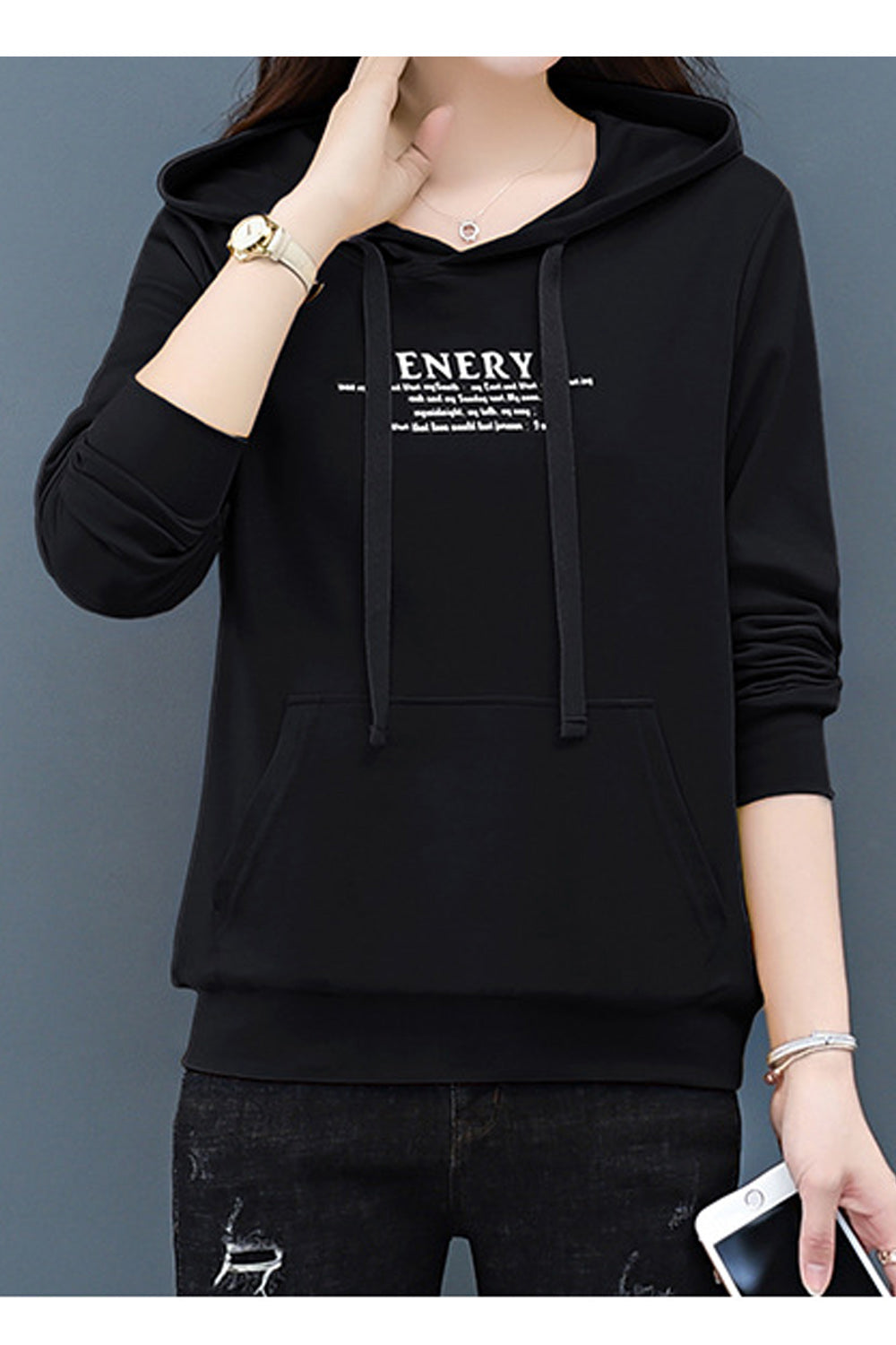 Women Elegent Letter Pattern Solid Color Comfortable Casual Warm Hoodie