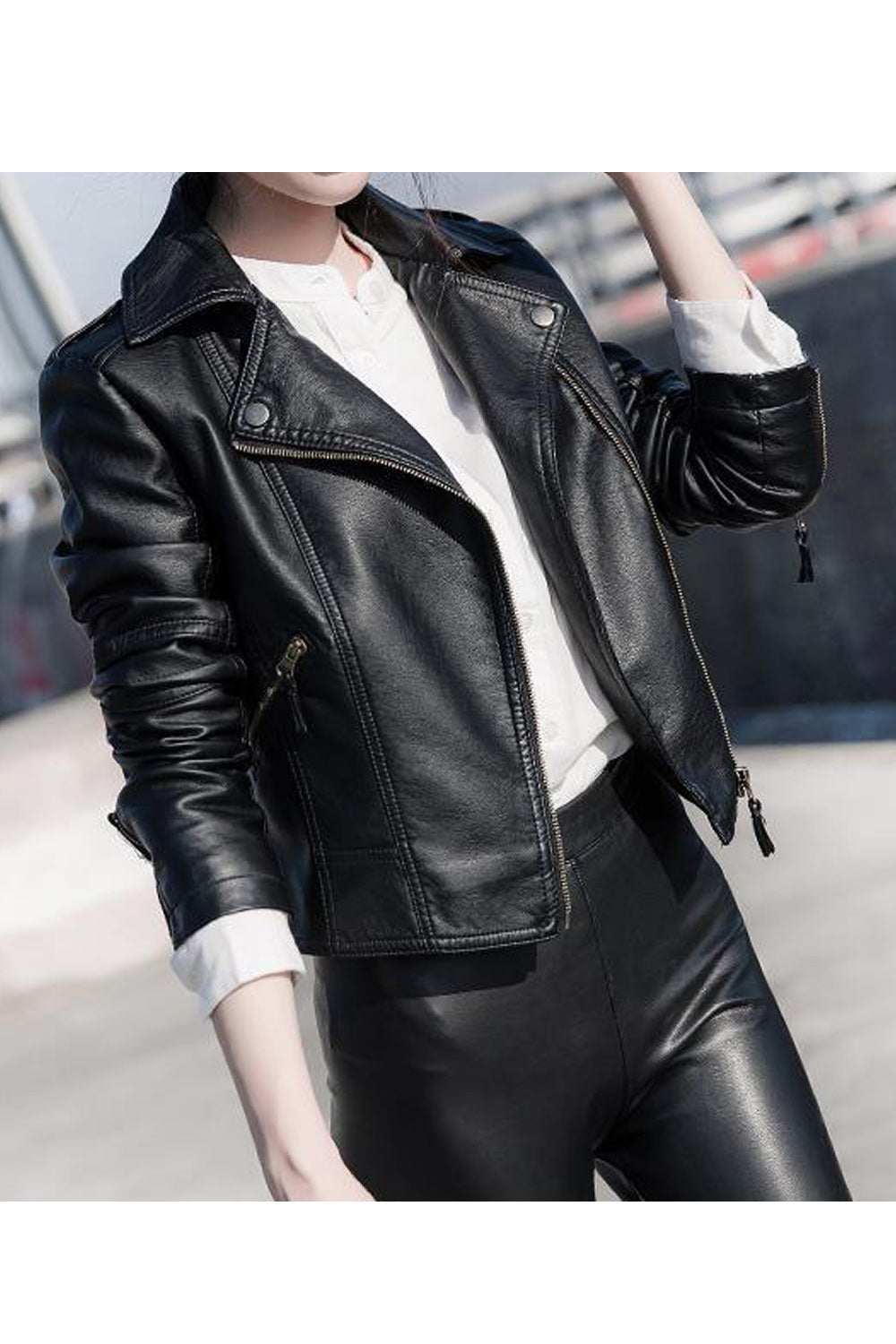 Women Cross Strap Decorated Sleeves Punk Collar Leather Jacket