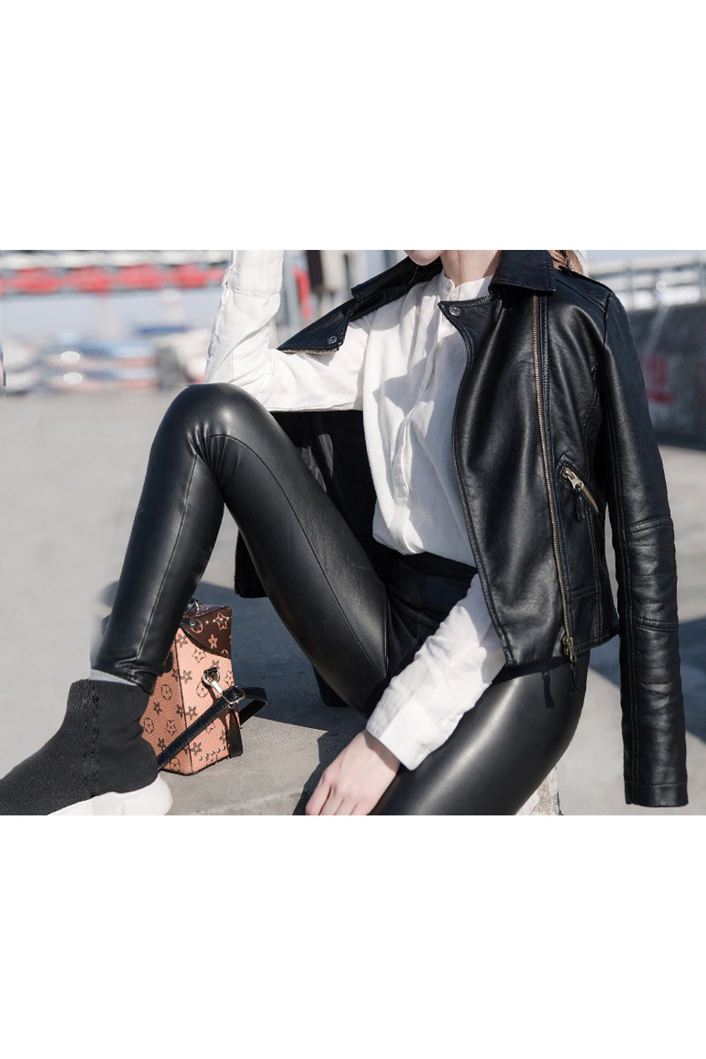 Women Cross Strap Decorated Sleeves Punk Collar Leather Jacket