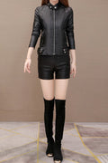Women Elegant Regular Collar Zipper Closure Leather Jacket