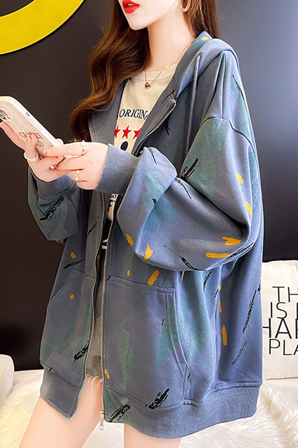 Women Long Sleeve Creative Printed Pattern Hooded Neck Soft Warm Hoodie