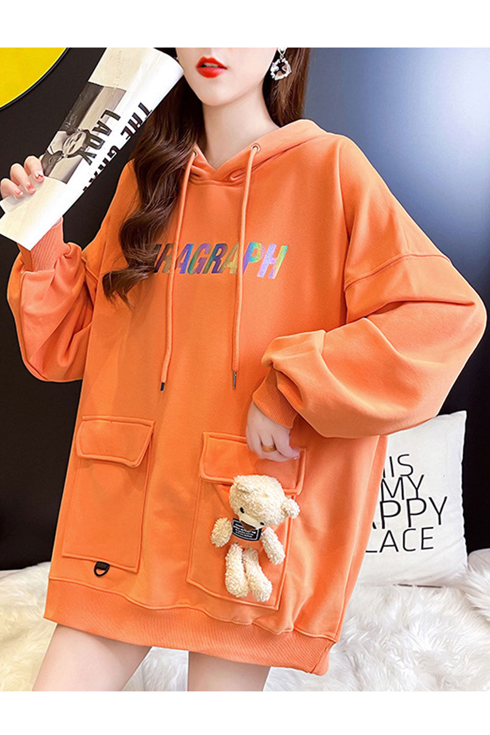 Women Hooded Neck Style Long Sleeve Elasticated Hem Elegant Hoodie