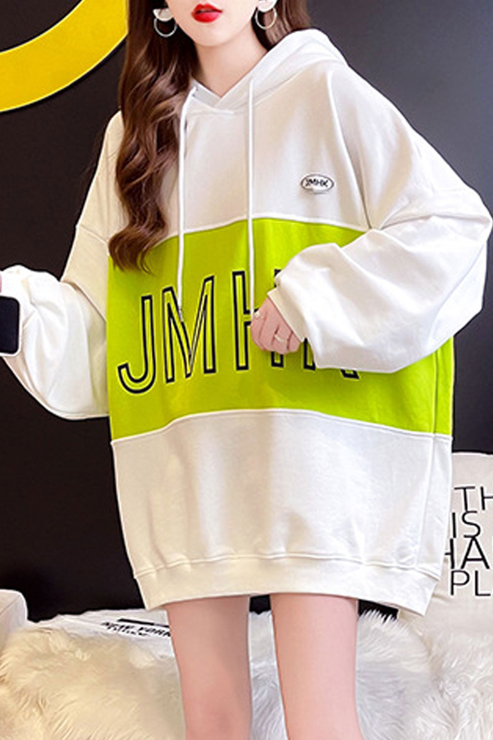 Women Ribbed Cuff Letter Printed Warm Drawstring Hoodie