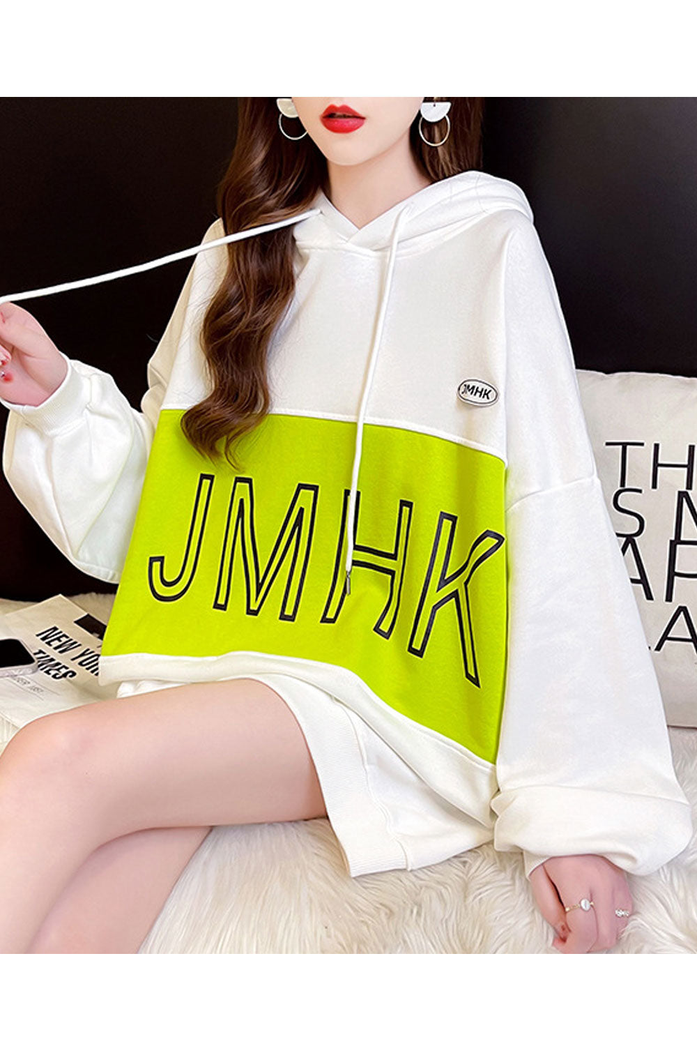 Women Ribbed Cuff Letter Printed Warm Drawstring Hoodie