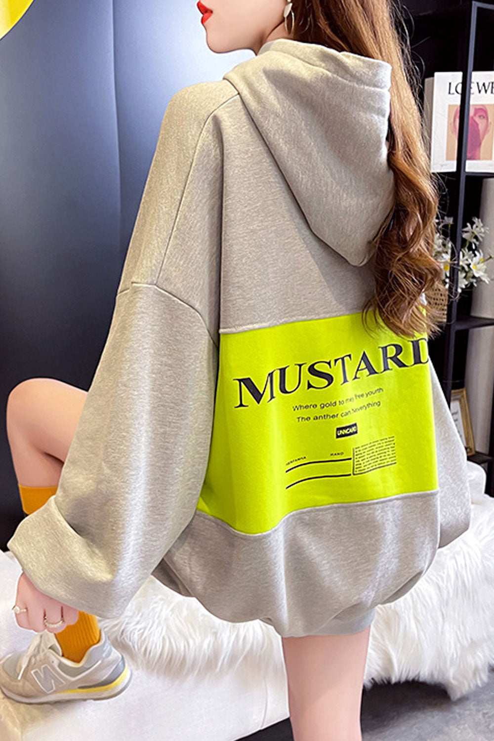 Women Ribbed Cuff Letter Printed Warm Drawstring Hoodie