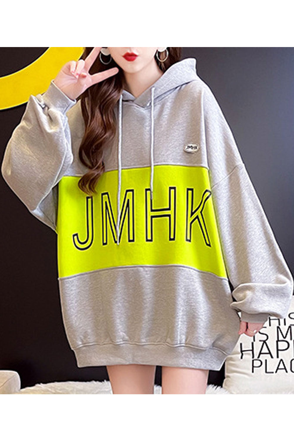 Women Ribbed Cuff Letter Printed Warm Drawstring Hoodie