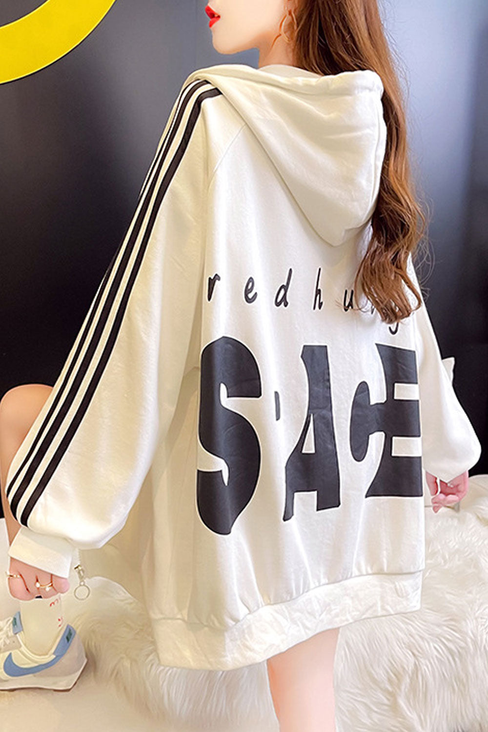 Women Convenient Long Striped Pattern Sleeve Elegant Solid Colored Cozy Hoodie