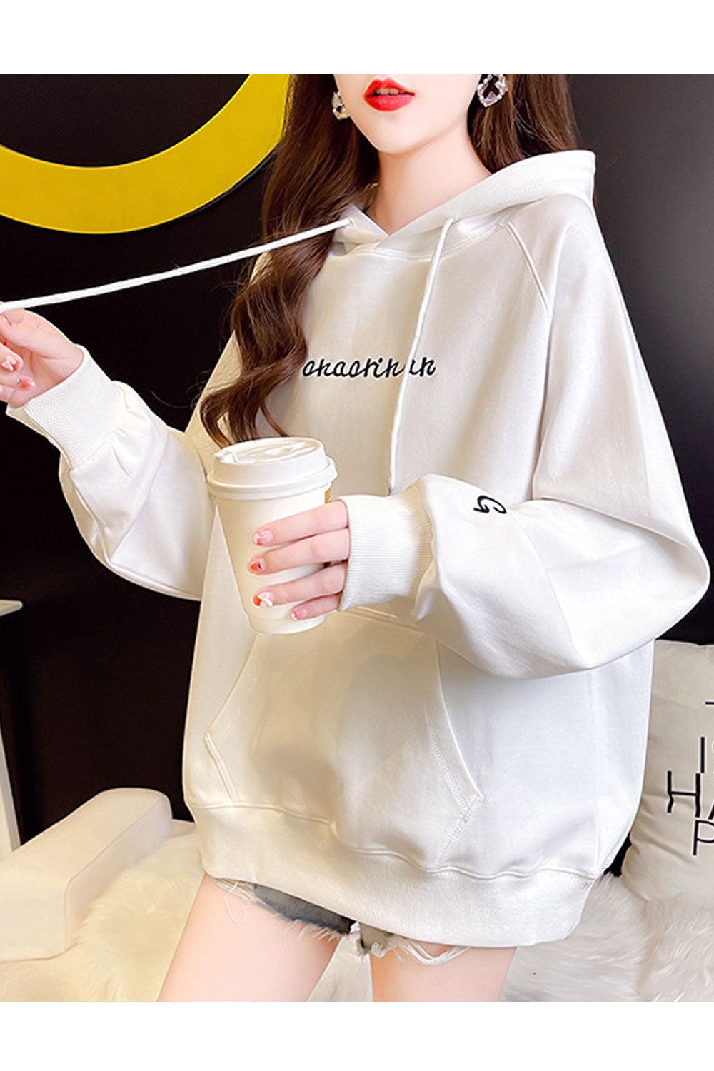 Women Solid Pattern Elastic Cuff Comfy Loose Warm Hoodie
