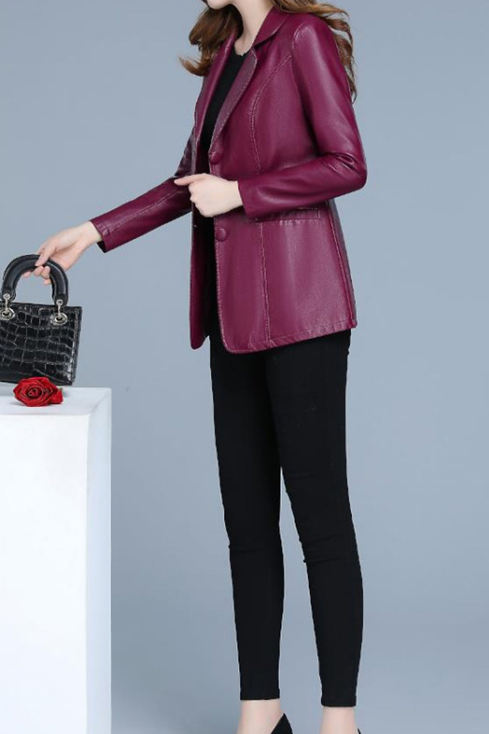 Women Classy Button Closure Long Sleeve Leather Jacket
