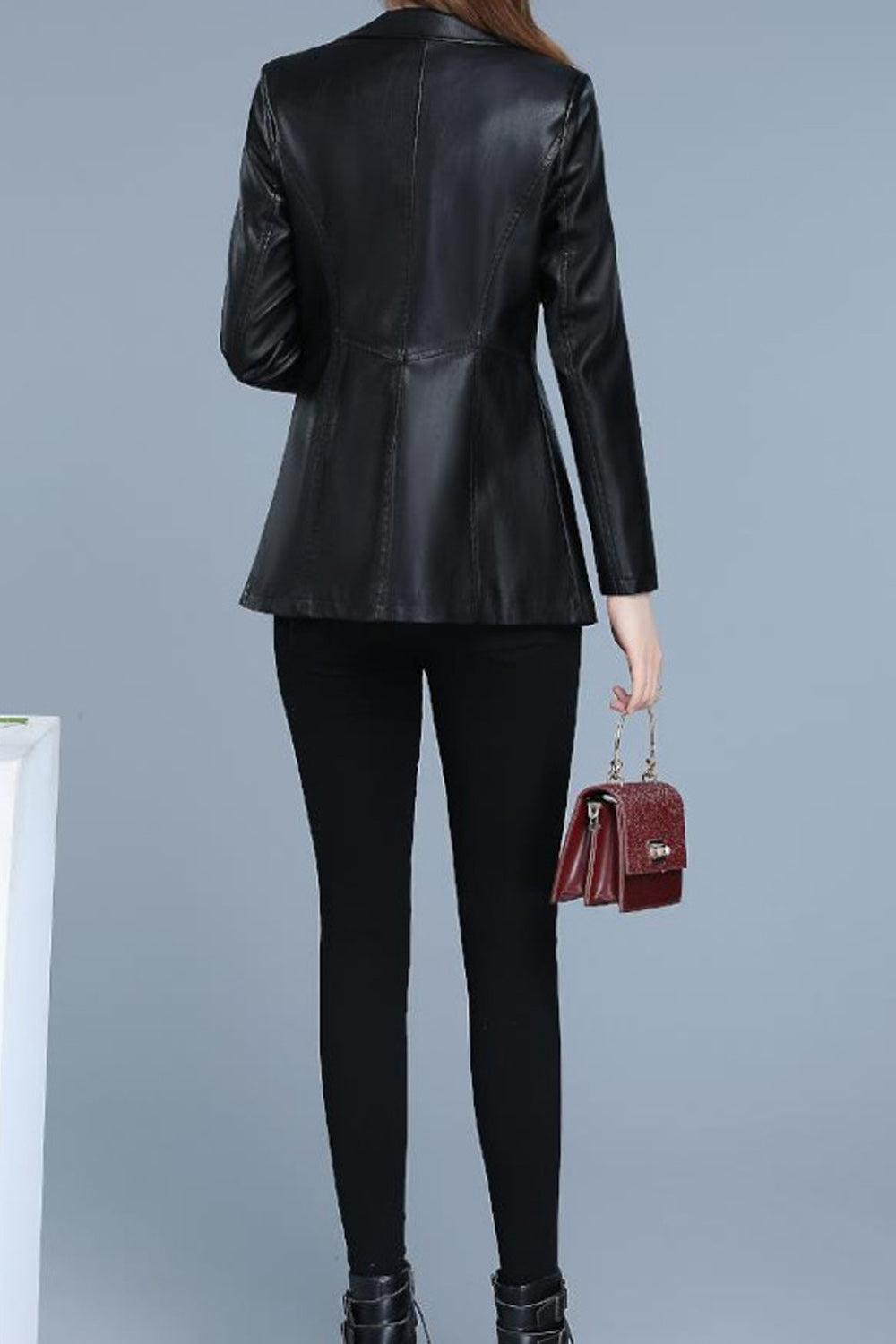 Women Classy Button Closure Long Sleeve Leather Jacket