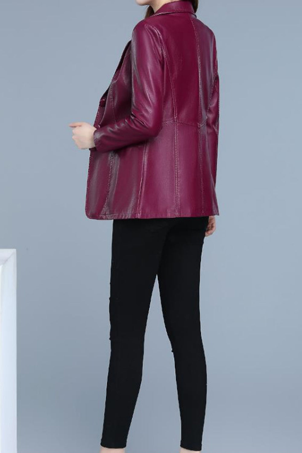 Women Classy Button Closure Long Sleeve Leather Jacket
