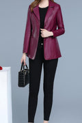 Women Classy Button Closure Long Sleeve Leather Jacket