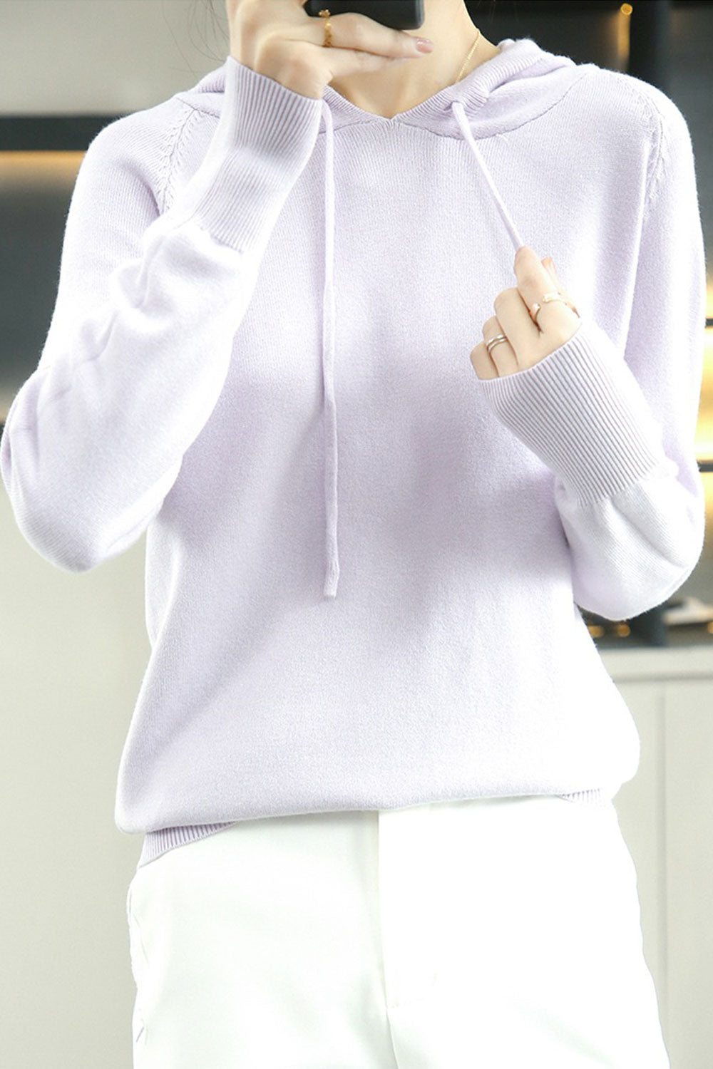 Women Decent Solid Color Hooded Neck Cute Hoodie