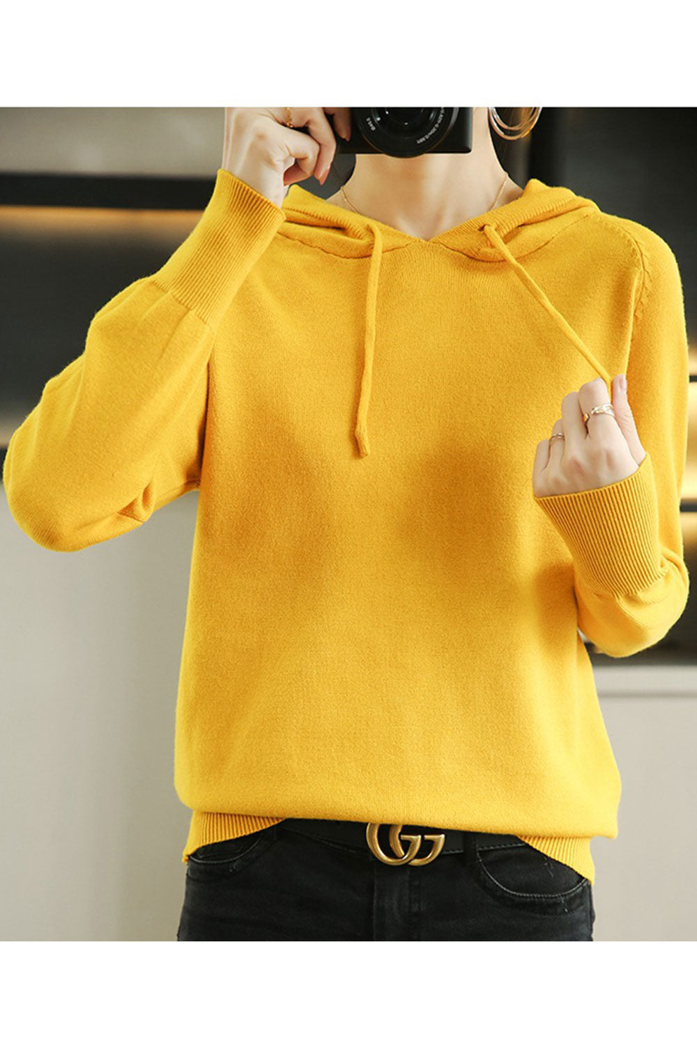 Women Decent Solid Color Hooded Neck Cute Hoodie