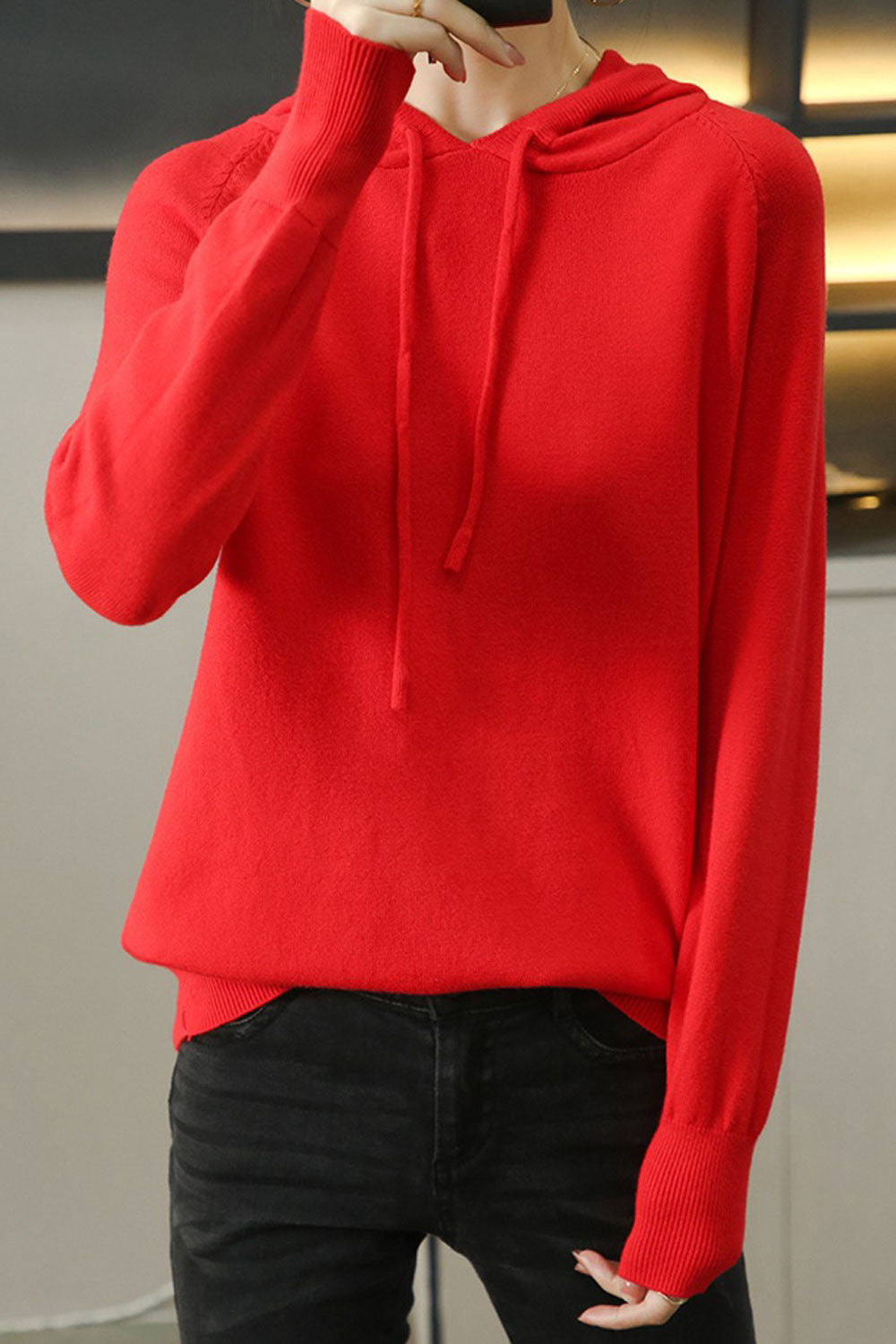 Women Decent Solid Color Hooded Neck Cute Hoodie