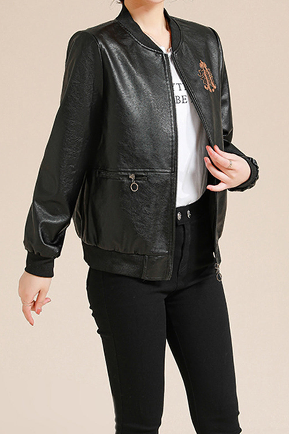 Women Slim Fit Long Sleeve Lace Stylish Leather Jacket