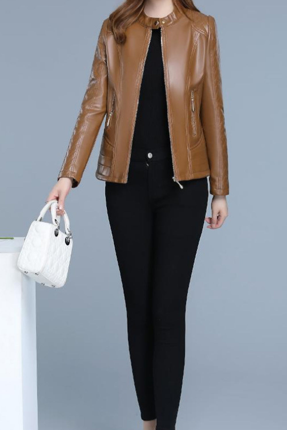 Women Long Sleeve Elegant Stand Collar Style Winter Season Leather Jacket