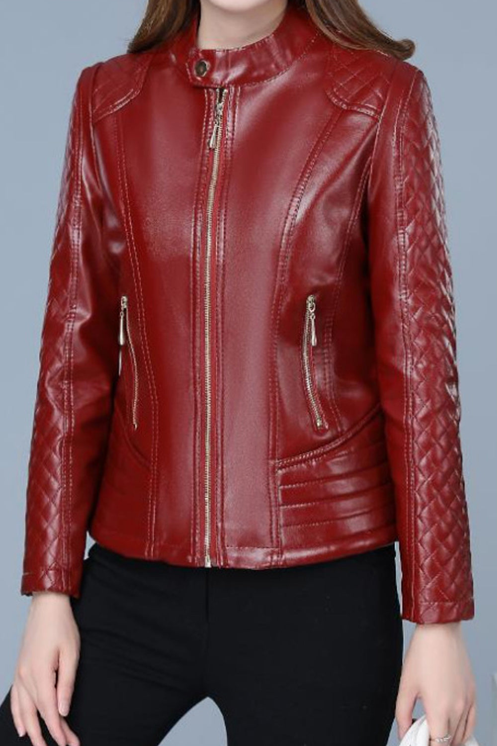 Women Long Sleeve Elegant Stand Collar Style Winter Season Leather Jacket