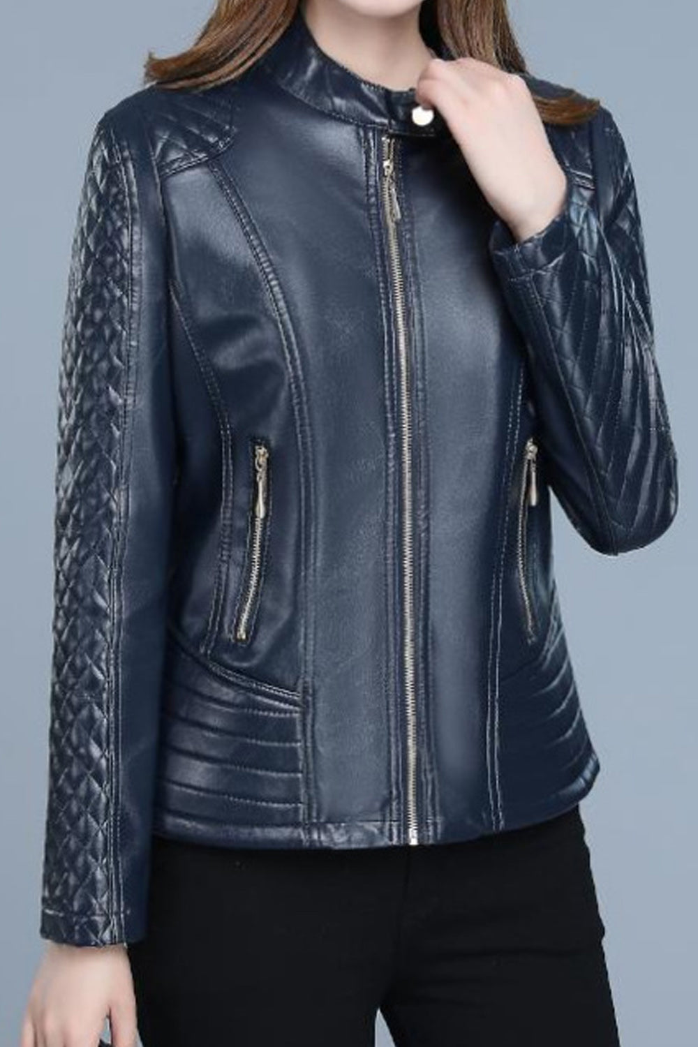 Women Long Sleeve Elegant Stand Collar Style Winter Season Leather Jacket