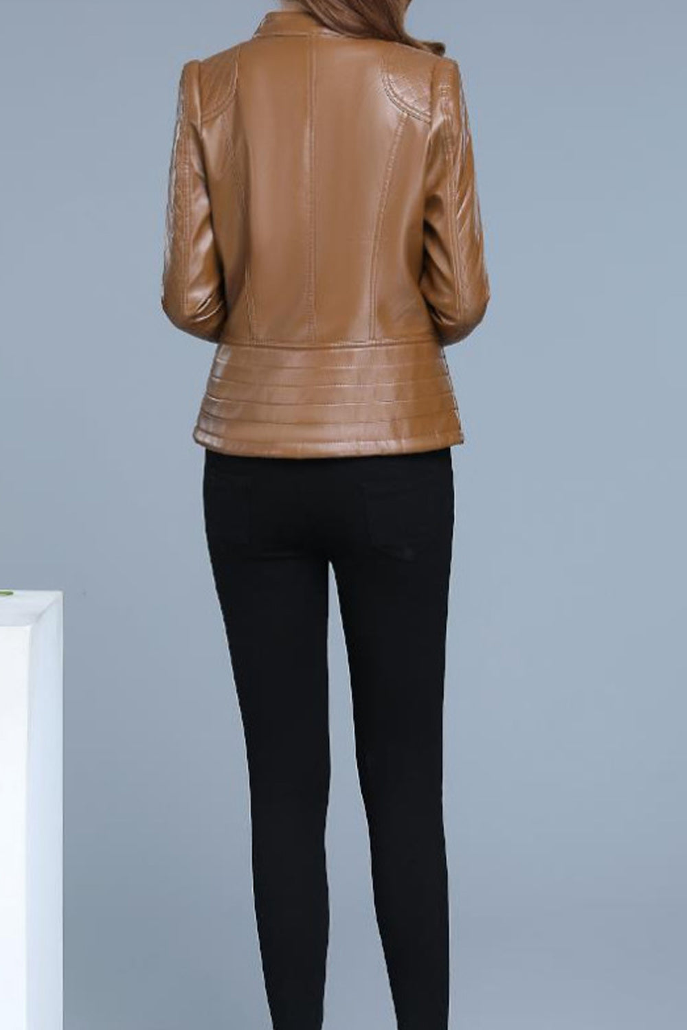 Women Long Sleeve Elegant Stand Collar Style Winter Season Leather Jacket