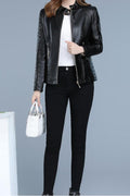 Women Long Sleeve Elegant Stand Collar Style Winter Season Leather Jacket
