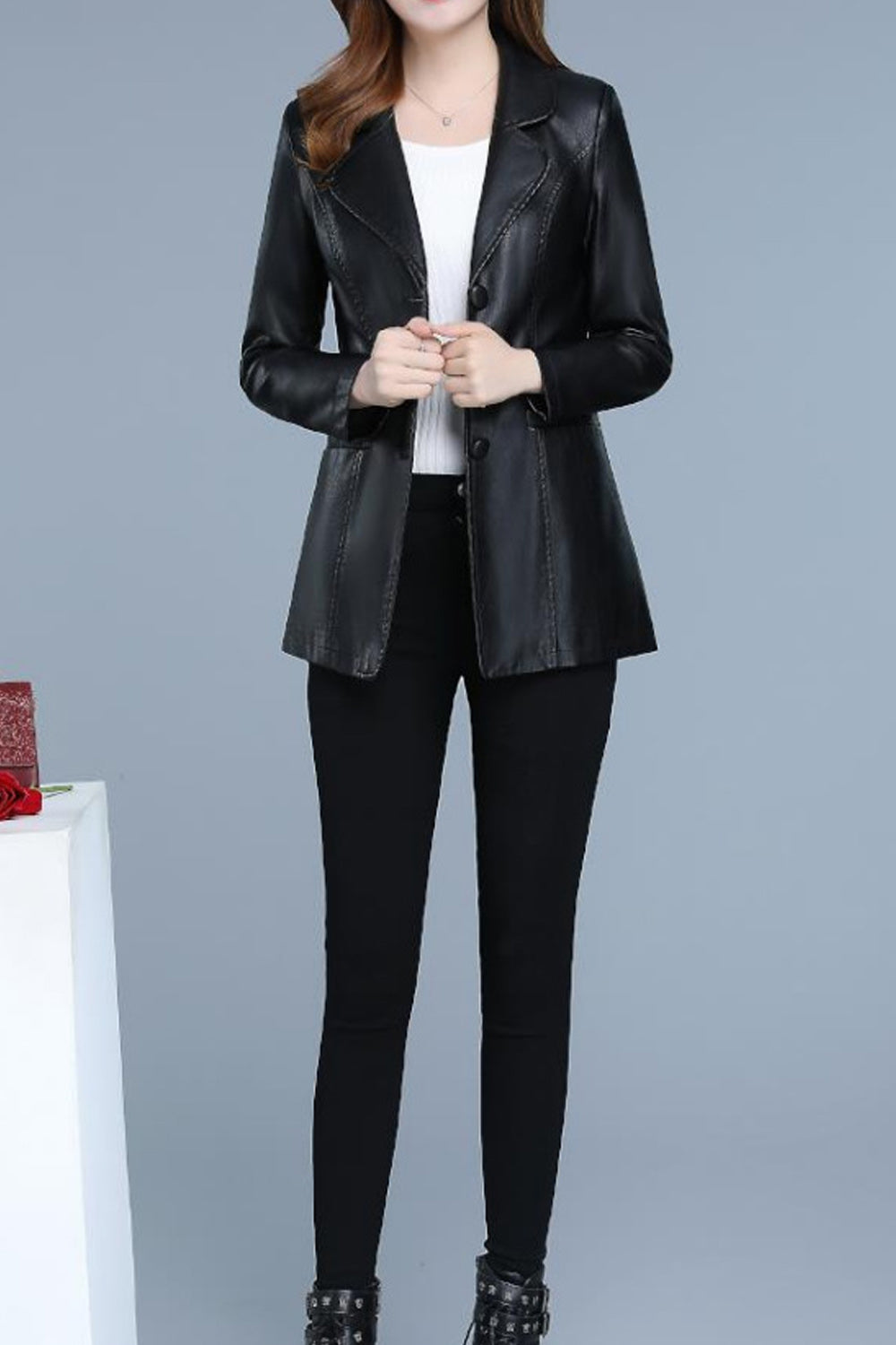 Women Elegant Solid Colored Lapel Collar Long Sleeve Easy Leather Jacket