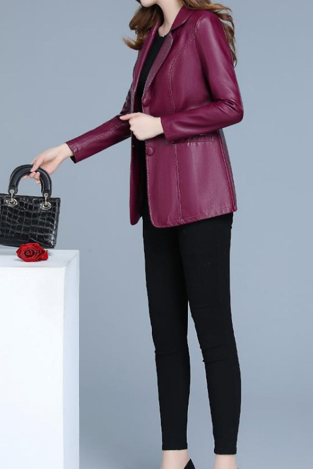 Women Elegant Solid Colored Lapel Collar Long Sleeve Easy Leather Jacket