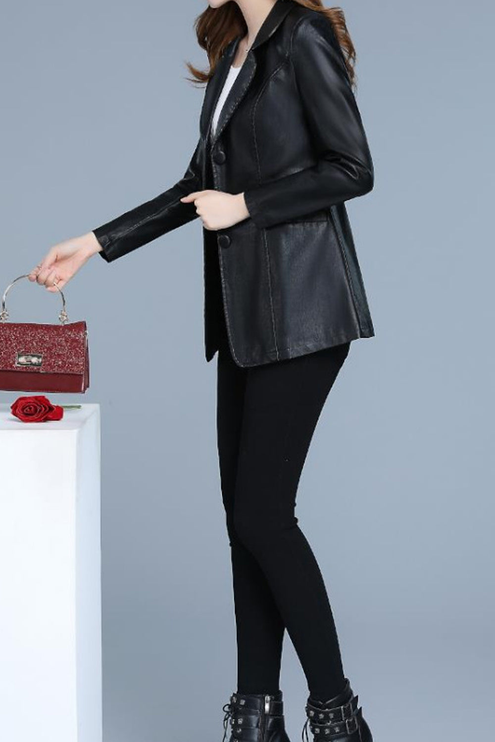 Women Elegant Solid Colored Lapel Collar Long Sleeve Easy Leather Jacket